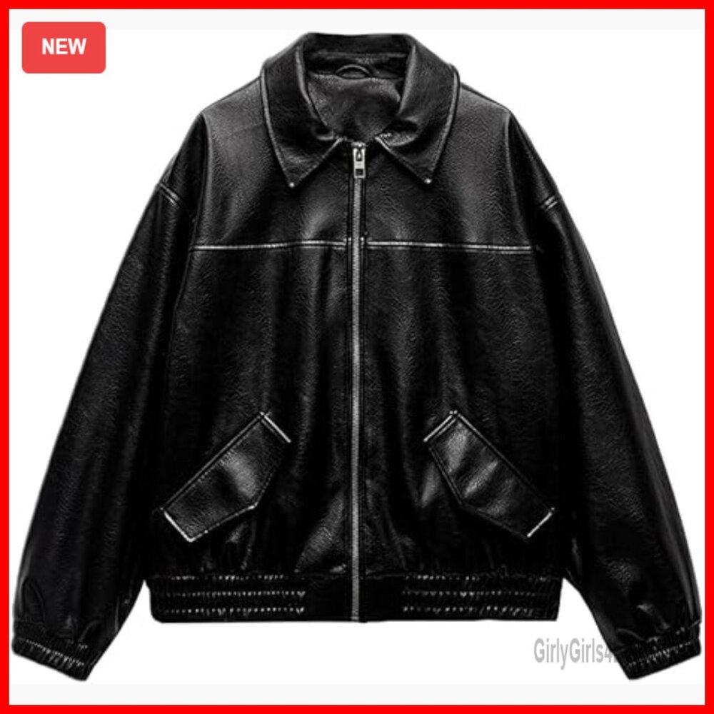Faux Leather Bomber Jacket, Zipper Closure, Long Sleeve, Regular Fit